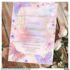 Watercolor Gold Lilac Butterfly Rainbow Birthday Invitation