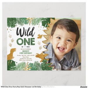 Wild One Dino Party Boy Gold Dinosaur 1st Birthday Invitation
