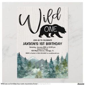 Wild one 1st birthday boy rustic mountains forest invitation
