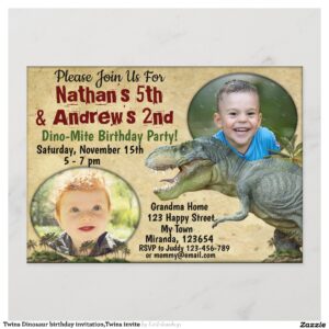 Twins Dinosaur birthday invitation,Twins invite