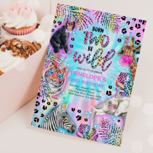 Two Wild Safari Neon Rainbow Cheetah Birthday Invitation