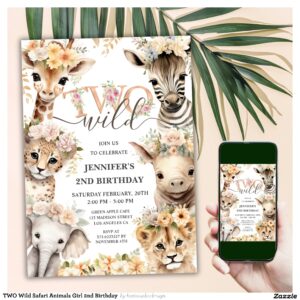 TWO Wild Safari Animals Girl 2nd Birthday Invitation
