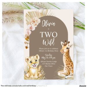 Two wild baby animals boho arch 2nd birthday invitation