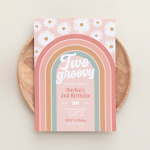 Two Groovy Boho Retro Daisy 2nd Birthday Party Invitation