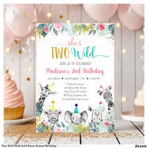 Two Wild Pink Gold Party Animal Birthday Invitation