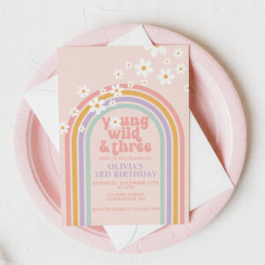 Young Wild Three Pastel rainbow 3rd birthday Invitation