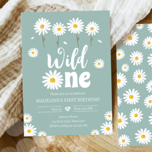 Wild One Daisy Boho Dusty Blue Girl First Birthday Invitation