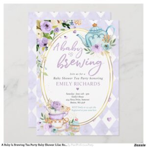 A Baby Is Brewing Tea Party Baby Shower Lilac Rose Invitation