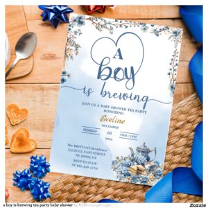 a boy is brewing tea party baby shower invitation