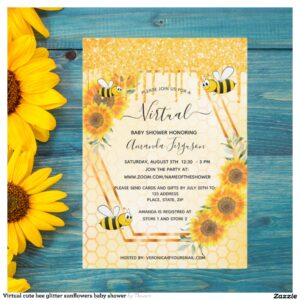Virtual cute bee glitter sunflowers baby shower invitation