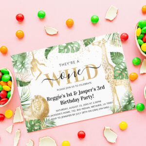 Wild One Jungle Greenery & Gold Joint Birthday Invitation
