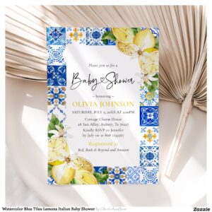 Watercolor Blue Tiles Lemons Italian Baby Shower Invitation