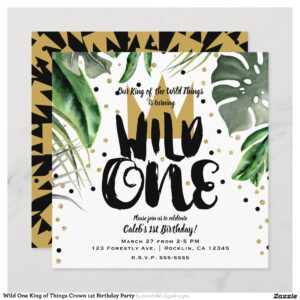 Wild One King of Things Crown 1st Birthday Party Invitation