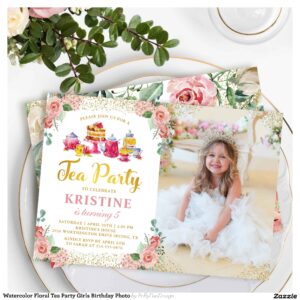 Watercolor Floral Tea Party Girls Birthday Photo Invitation
