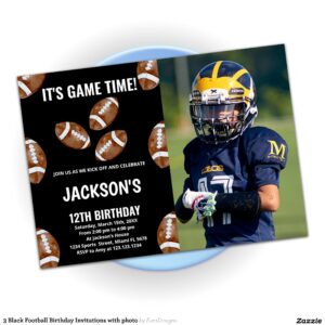 3 Black Football Birthday Invitations with photo