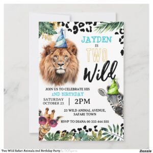 Two Wild Safari Animals 2nd Birthday Party Invitation