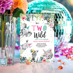 Two Wild Birthday Invitation Safari Girl Animals