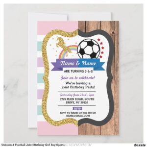 Unicorn & Football Joint Birthday Girl Boy Sports Invitation