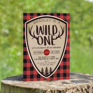 Wild One Boys Rustic Plaid Lumberjack 1st Birthday Invitation