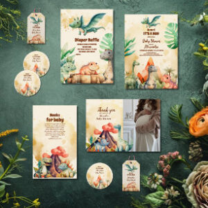 Watercolor Cute Dinosaur Greenery Boy Baby Shower Invitation