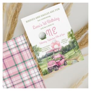 Watercolor Pink Hole in One Golf 1st Birthday Invitation
