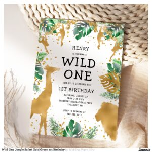 Wild One Jungle Safari Gold Green 1st Birthday Invitation