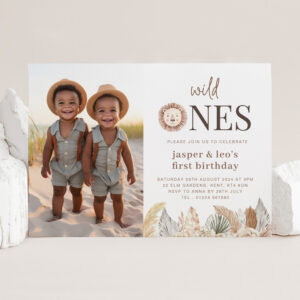 Wild Ones Twins Neutral Leaves - Photo Birthday Invitation