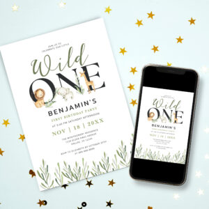 Wild One Safari Animals Boy 1st Birthday Party Invitation