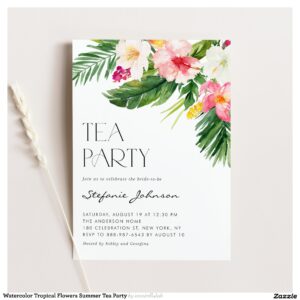 Watercolor Tropical Flowers Summer Tea Party Invitation
