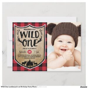 Wild One Lumberjack 1st Birthday Party Photo Invitation