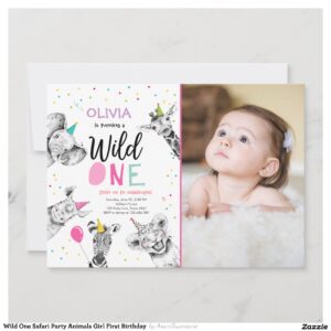 Wild One Safari Party Animals Girl First Birthday Invitation
