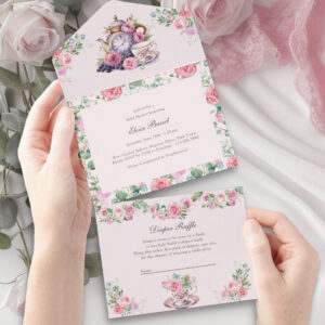 Vintage Tea Party Books Diaper and Baby Shower All In One Invitation