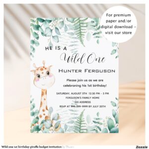 Wild one 1st birthday giraffe budget invitation flyer