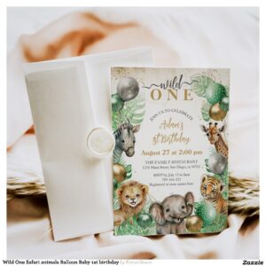 Wild One Safari animals Balloon Baby 1st birthday Invitation