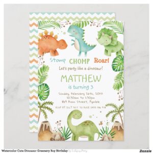 Watercolor Cute Dinosaur Greenery Boy Birthday Invitation