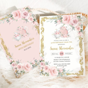 Vintage Blush Pink Floral Tea Party Birthday Party Invitation