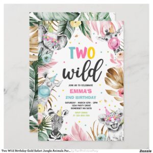 Two Wild Birthday Gold Safari Jungle Animals Party Invitation