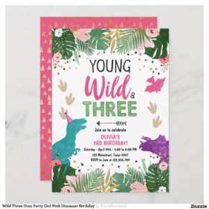 Wild Three Dino Party Girl Pink Dinosaur Birthday Invitation