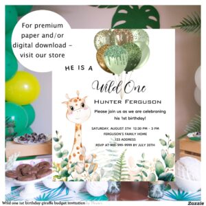 Wild one 1st birthday giraffe budget invitation