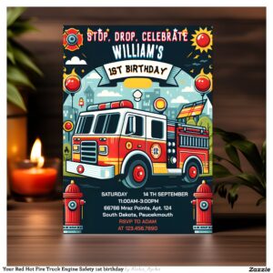 Your Red Hot Fire Truck Engine Safety 1st birthday Invitation