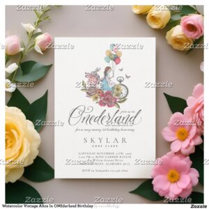 Watercolor Vintage Alice In ONEderland Birthday Invitation