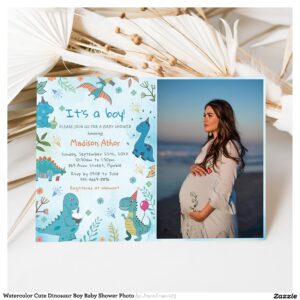 Watercolor Cute Dinosaur Boy Baby Shower Photo Invitation