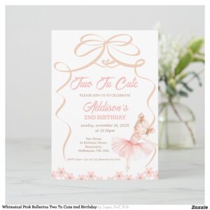 Whimsical Pink Ballerina Two Tu Cute 2nd Birthday Invitation