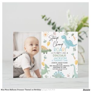 Blue Photo Balloons Dinosaur Themed 1st Birthday Invitation