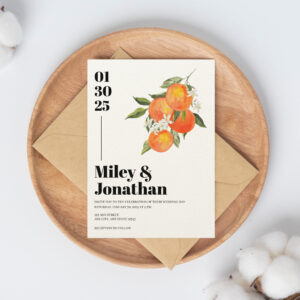 Watercolor Tangerine Citrus Floral Modern Wedding Invitation