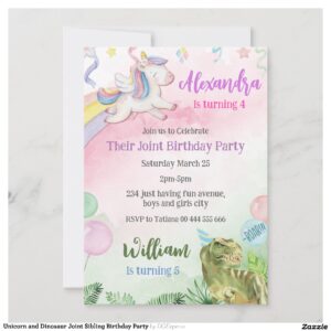 Unicorn and Dinosaur Joint Sibling Birthday Party Invitation