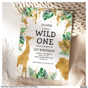 Wild One Jungle Safari Gold Green 1st Birthday Invitation