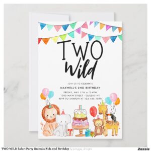 TWO WILD Safari Party Animals Kids 2nd Birthday Invitation