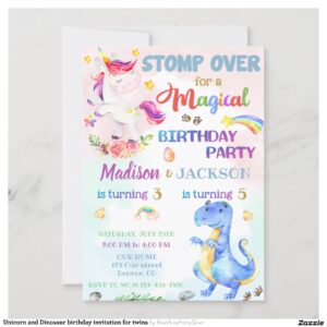 Unicorn and Dinosaur birthday invitation for twins