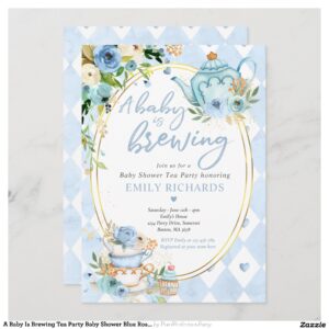 A Baby Is Brewing Tea Party Baby Shower Blue Roses Invitation